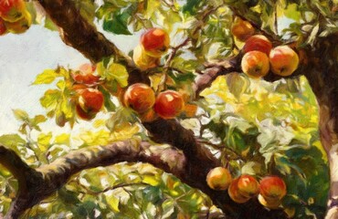 Autumn tree with apples, autumn leaves in the garden, apples tree with fruits, oil paintings landscape