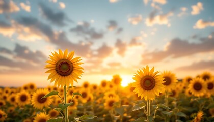 Fototapeta premium Sunflowers at Sunset: A Serene Field of Golden Blooms