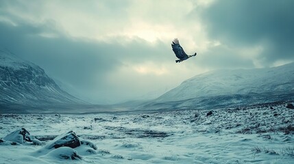   A bird soars above a snowy field against a majestic mountain backdrop, with wispy clouds scattered throughout the sky