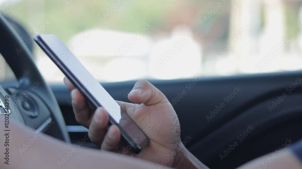 Fototapete closeup hand of a man holding a smartphone in a car. a person is using a phone by pressing his finge