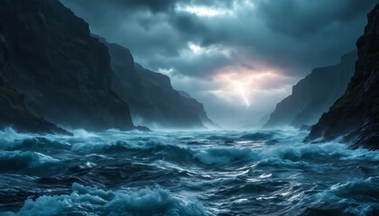 Fototapeta premium Dramatic Coastal Storm: Dark Cliffs, Turbulent Ocean, and a Lightning Bolt