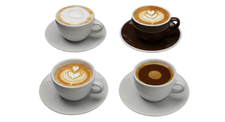 different Set with cups of hot aromatic espresso coffee on a transparent background. Banner design