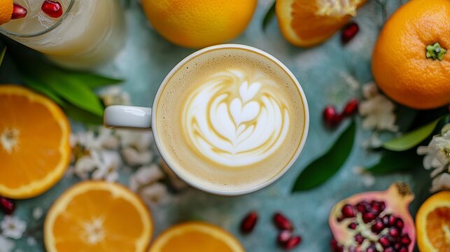 Aromatic Latte with Citrus and Pomegranate Garnish - Overhead Flatlay