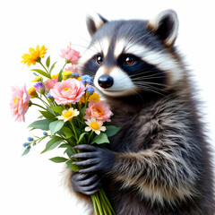 Charming Raccoon Holding a Vibrant Bouquet of Flowers in a Whimsical Atmosphere