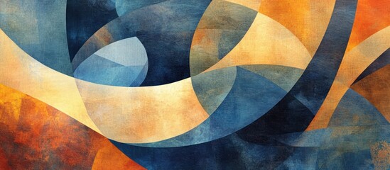 Fototapeta premium Abstract art with swirling blue, orange, and beige shapes.