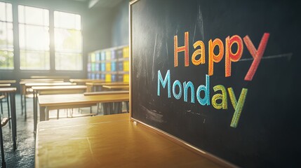Happy Monday! A cheerful classroom scene with desks and a blackboard message.