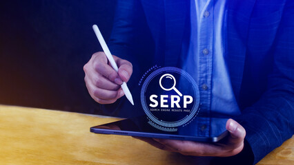 SERP, Search Engine Result Pages concept, magnifying glass with text SERP, can be used for...