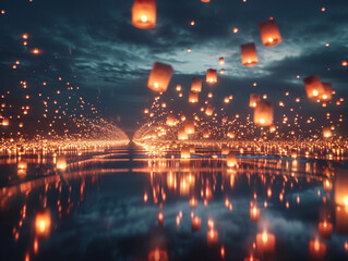 Fototapeta premium Hundreds of floating lanterns rising into the night sky, with long exposure capturing their glowing trails as they ascend.