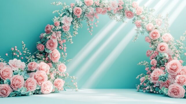 Pastel pink rose floral arch, teal background, sunlight.