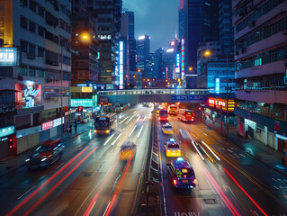 Long-exposure capture of vibrant light trails from moving vehicles on a busy city street at night, creating dynamic patterns.
