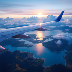 Obraz premium Breathtaking Aerial View of Sunlit Landscape with Wing of Airplane Capturing Serenity