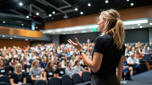 Rear view of a professional female speaker gesturing with her hand while delivering a keynote speech, with rows of seated attendees in the background