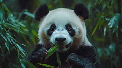 Fototapeta premium Panda eating bamboo in lush forest. Conservation poster