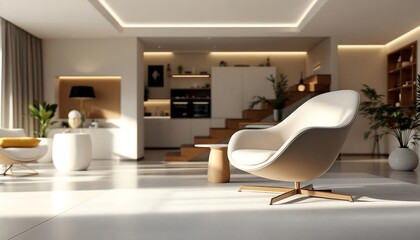 Modern Minimalist Living Room Interior Design with Beige Chair and Sunlight