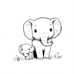 Fototapeta premium Mother and baby elephant grassland drawing, cute illustration, children's book