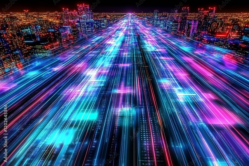 Poster futuristic digital highway with neon lights and fast motion cityscape : generative ai