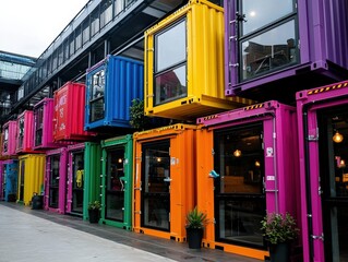 Recycled shipping containers being transformed into colorful housing units, surrounded by urban creativity