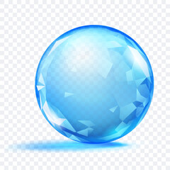 A blue translucent crystal sphere with faceted surface, with glares and soft shadow, on transparent background. Vector illustration for design projects and creative works.