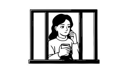 Illustration of a woman drinking coffee viewed from the window set inside a prison cell looking to the side done in retro style.
