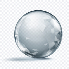 A gray translucent crystal sphere with faceted surface, with glares and soft shadow, on transparent background. Vector illustration for design projects and creative works.