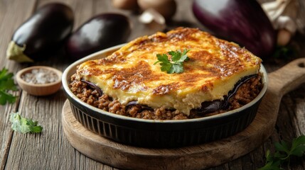 Traditional Greek moussaka with layers of eggplant and ground beef. Featuring a rich and savory dish. Highlighting the texture and flavors of the moussaka. Ideal for food and cultural themes.