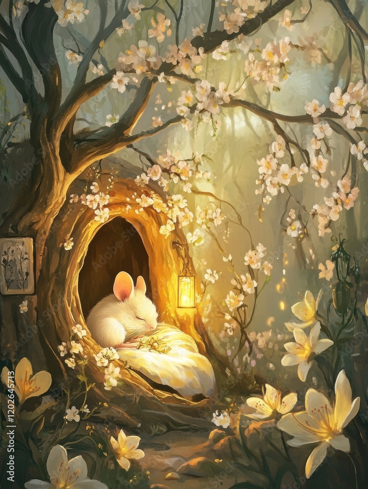 Poster cozy white rabbit sleeps peacefully inside tree hollow surrounded by blooming flowers and soft light
