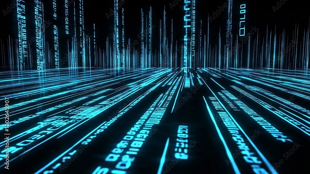 Poster Futuristic Digital Matrix Background with Blue Code Streams in Virtual Space : Generative AI