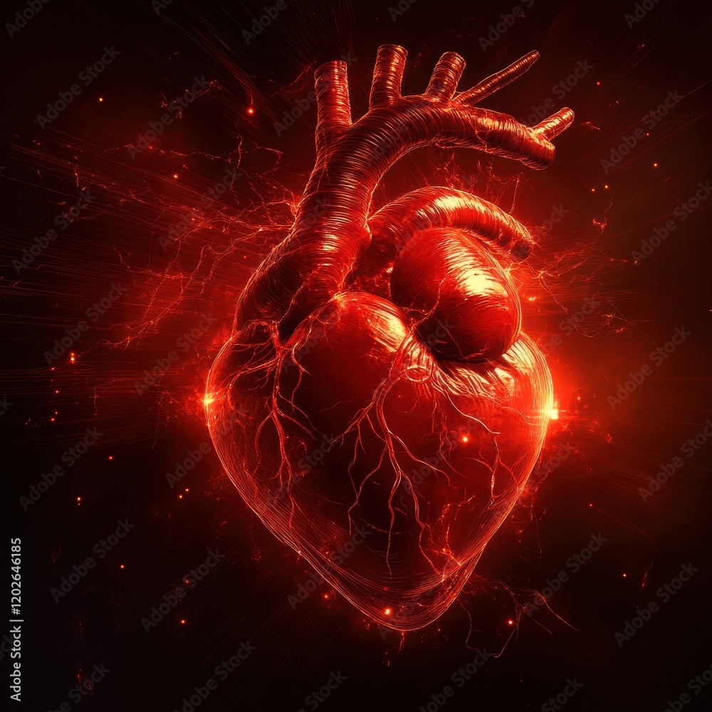 Poster heart glowing with energy surrounded by electric sparks and vibrant light effects in a dark environm