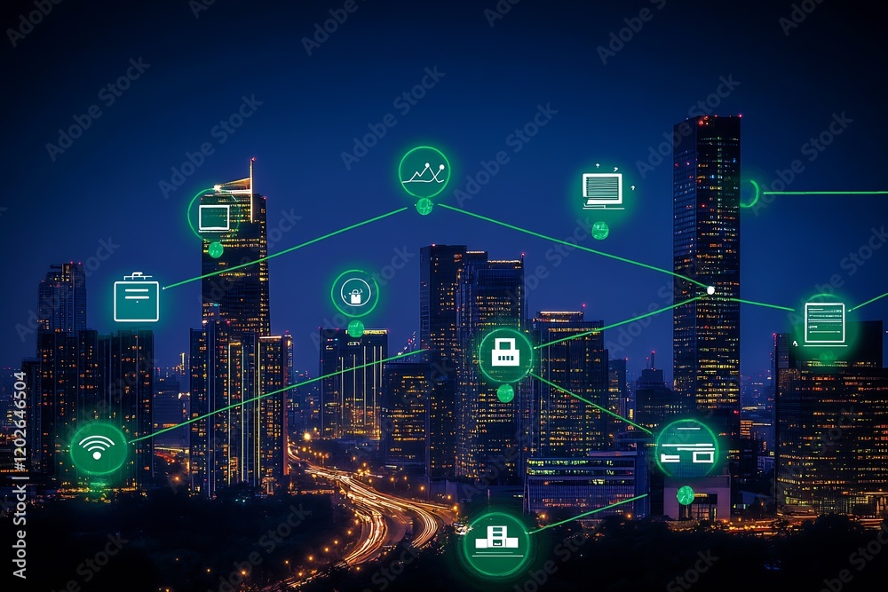 Poster modern cityscape at night with network connection icons overlay : generative ai