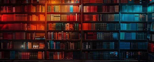Dramatic panoramic view of library bookshelves illuminated by contrasting red and blue lighting creating mysterious atmosphere perfect for education, knowledge and literature concepts.