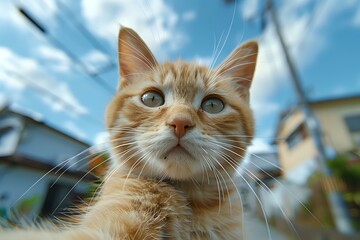 Curious ginger cat with bright blue eyes looking up against sky background, perfect for pet care advertising or animal welfare campaigns. Close up portrait shows whiskers and facial features.