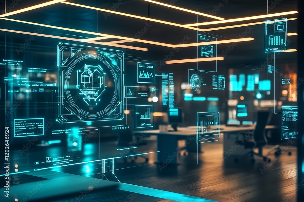 Aufkleber Futuristic digital workspace with glowing virtual screens and advanced technological design in modern office : Generative AI