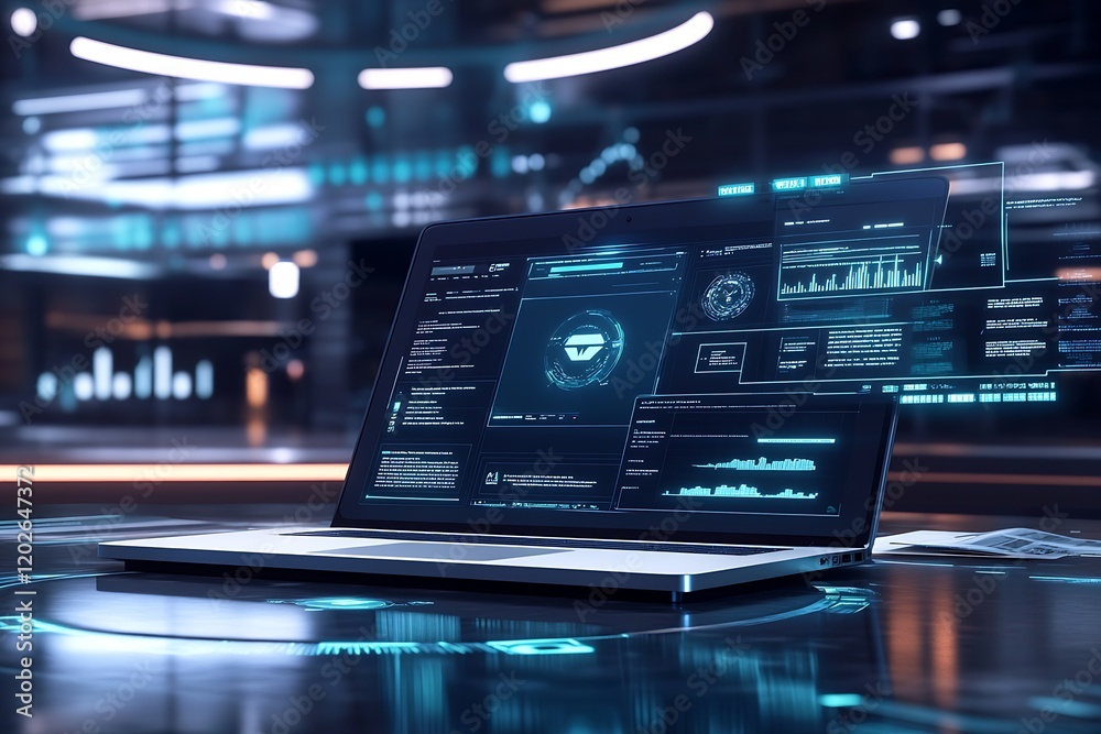 Aufkleber Futuristic Laptop Displaying Cybersecurity Data and Analytics in Modern Office : Generative AI