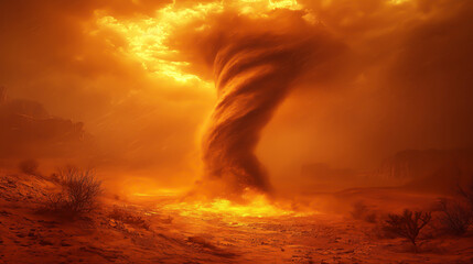 Fototapeta premium Fiery Desert Tornado Rages Across Barren Landscape