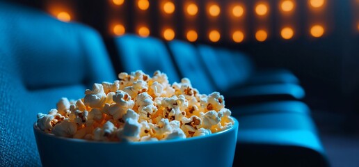 Popcorn in cinema, movie night, lights