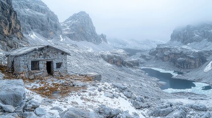 Secluded Stone Hut in a Frosty Mountain Lake Panorama