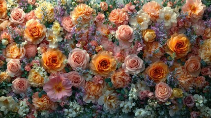 Fototapeta premium A vibrant arrangement of various flowers in shades of orange, pink, and purple, creating a lush backdrop.