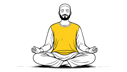 Man meditating in the lotus position on white background. Vector illustration.