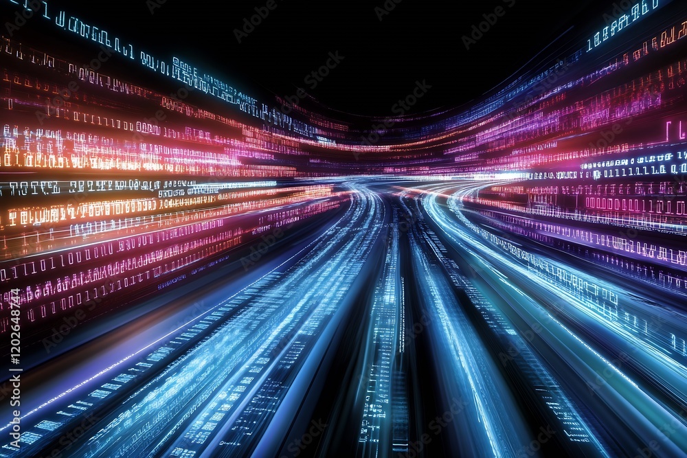 Poster Futuristic High-Speed Data Flow on Digital Highway with Neon Light Effects : Generative AI