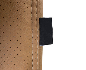 Black tag on leather mockup isolated