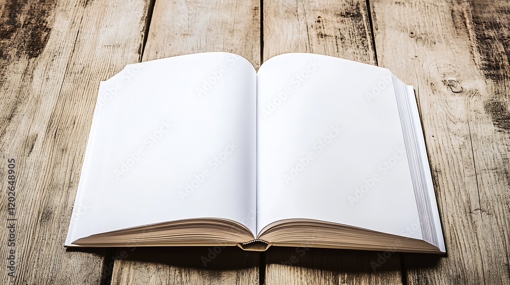 Poster Open Blank Book on Rustic Wooden Table Background for Copywriting and Design : Generative AI