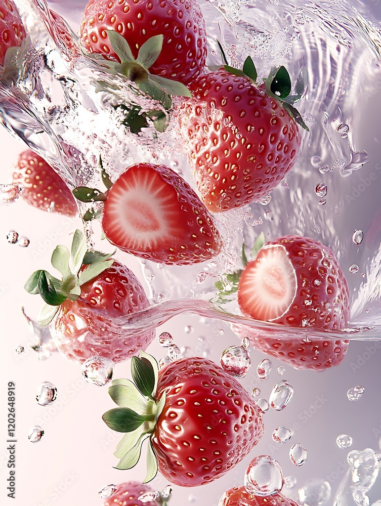 Poster fresh juicy strawberries with splashing water on a light background : generative ai