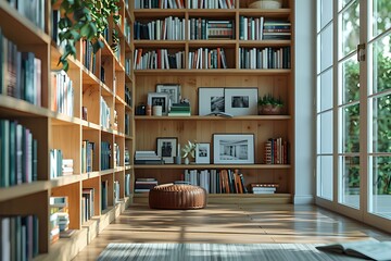 Cozy home library corner with floor-to-ceiling wooden shelves, natural sunlight streaming through large windows, and comfortable round pouf for reading, perfect for interior design inspiration.