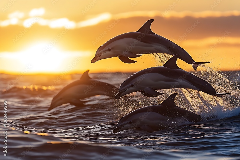Poster dolphins jumping at sunset with golden waves and vibrant colors in a tranquil ocean setting : genera