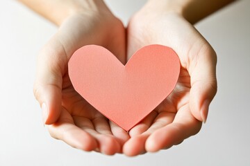 Obraz premium Hands holding a paper heart symbolizing love and care in a soft, neutral setting