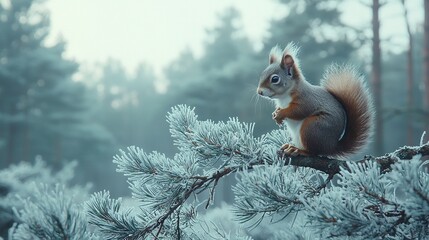   A squirrel perches on a pine tree branch amidst a dense, hazy, and misty woodland