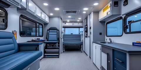 Spacious Interior of Modern Ambulance with Blue Seating and High Tech Equipment : Generative AI