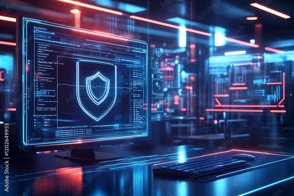 Aufkleber Cyber Security in Action with Digital Shield Display in a Futuristic Environment : Generative AI