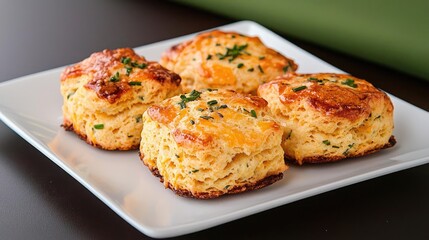 Cheesy herb scones on plate, kitchen background, food photography, recipe illustration