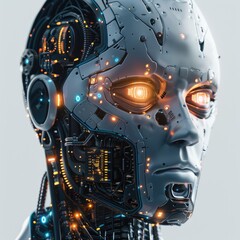 Fototapeta premium Close-up of a futuristic robot head with glowing internal components and expressive eyes.